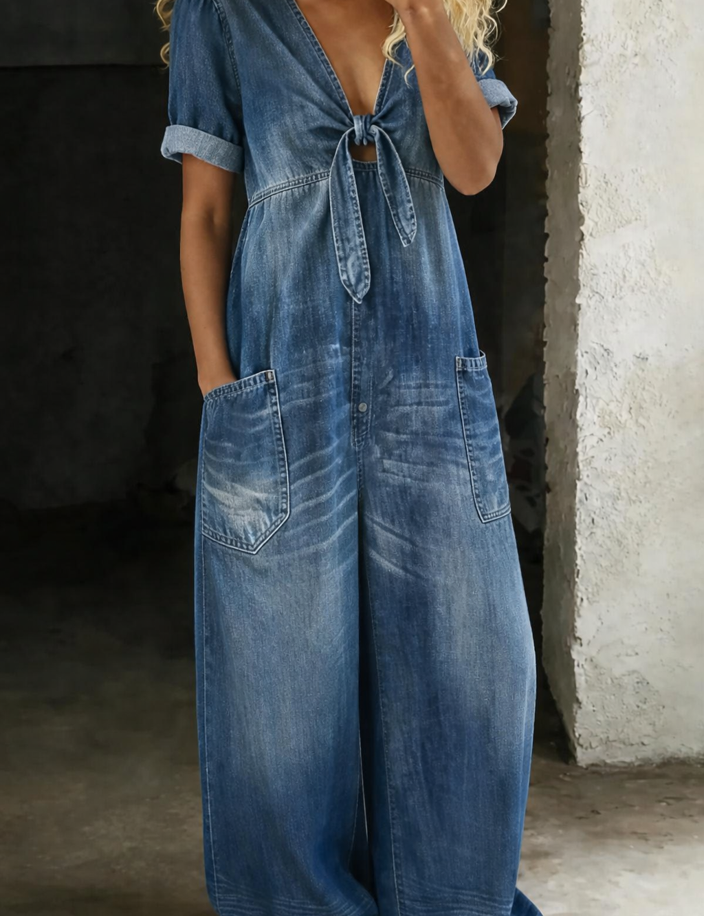 Tuta Corta a Maniche Corte con Scollo a V in blu - Nadia di Amora Moda
