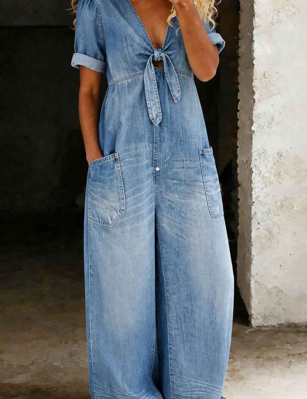 Tuta Corta a Maniche Corte con Scollo a V in blu chiaro - Nadia di Amora Moda, foto 4
