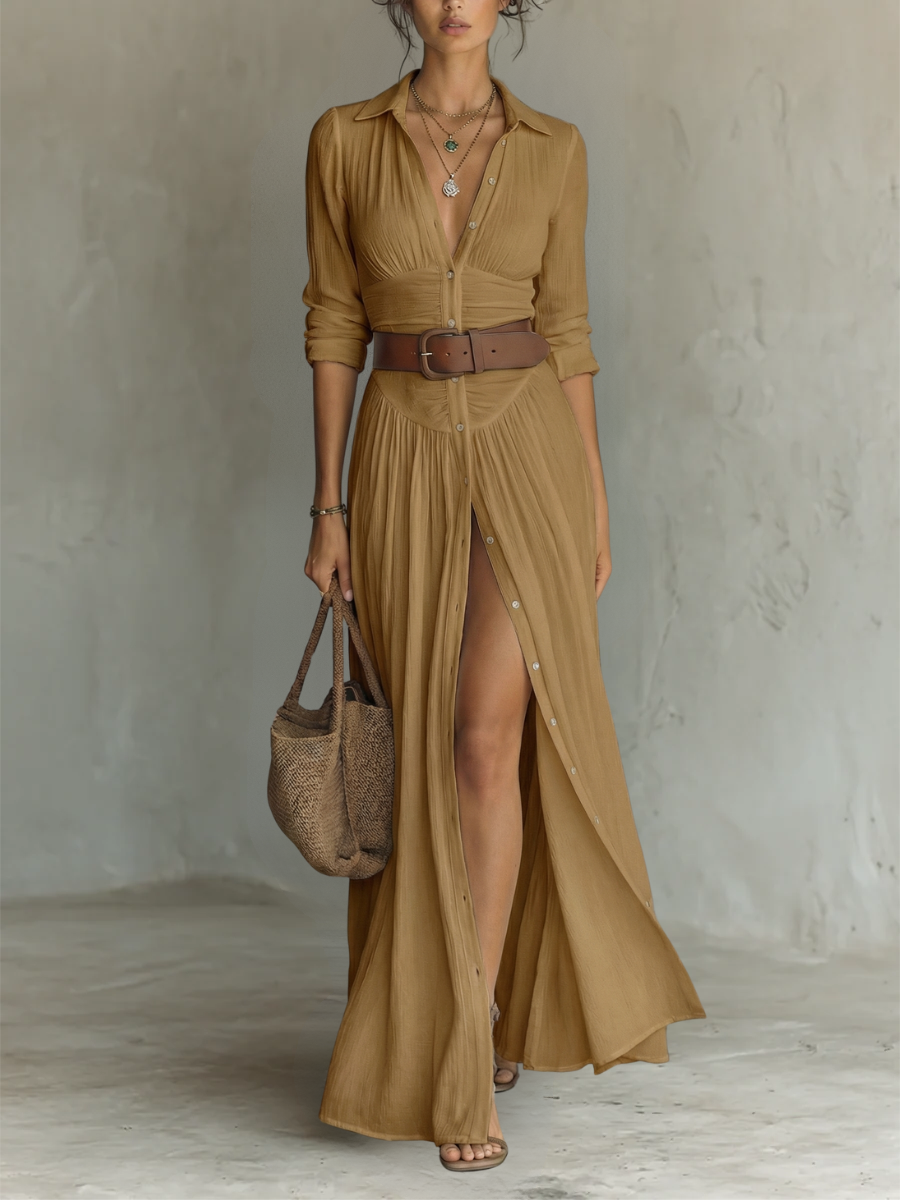 Abito Maxi con Collo a V e Maniche Lunghe in marrone - Dafne di Amora Moda, foto 6