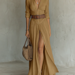 Abito Maxi con Collo a V e Maniche Lunghe in marrone - Dafne di Amora Moda, foto 6