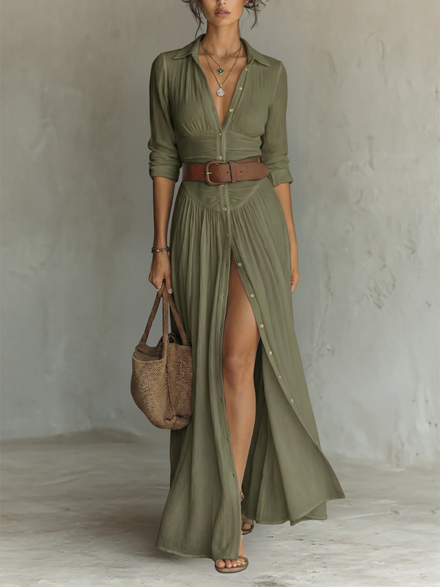 Abito Maxi con Collo a V e Maniche Lunghe in verde - Dafne di Amora Moda, foto 5