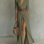 Abito Maxi con Collo a V e Maniche Lunghe in verde - Dafne di Amora Moda, foto 5
