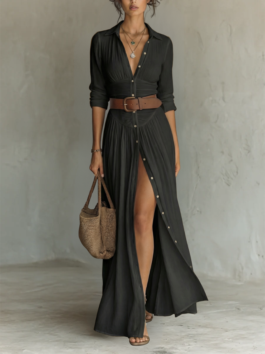 Abito Maxi con Collo a V e Maniche Lunghe in nero - Dafne di Amora Moda, foto 4