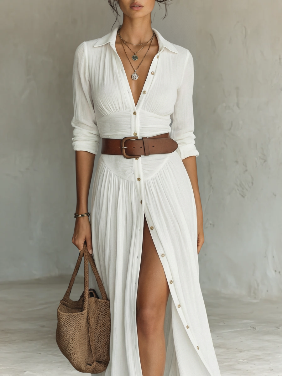 Abito Maxi con Collo a V e Maniche Lunghe - Dafne di Amora Moda, foto 3