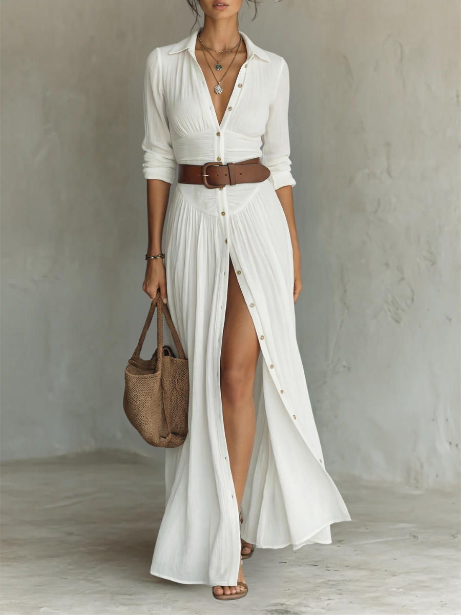 Abito Maxi con Collo a V e Maniche Lunghe in bianco - Dafne di Amora Moda