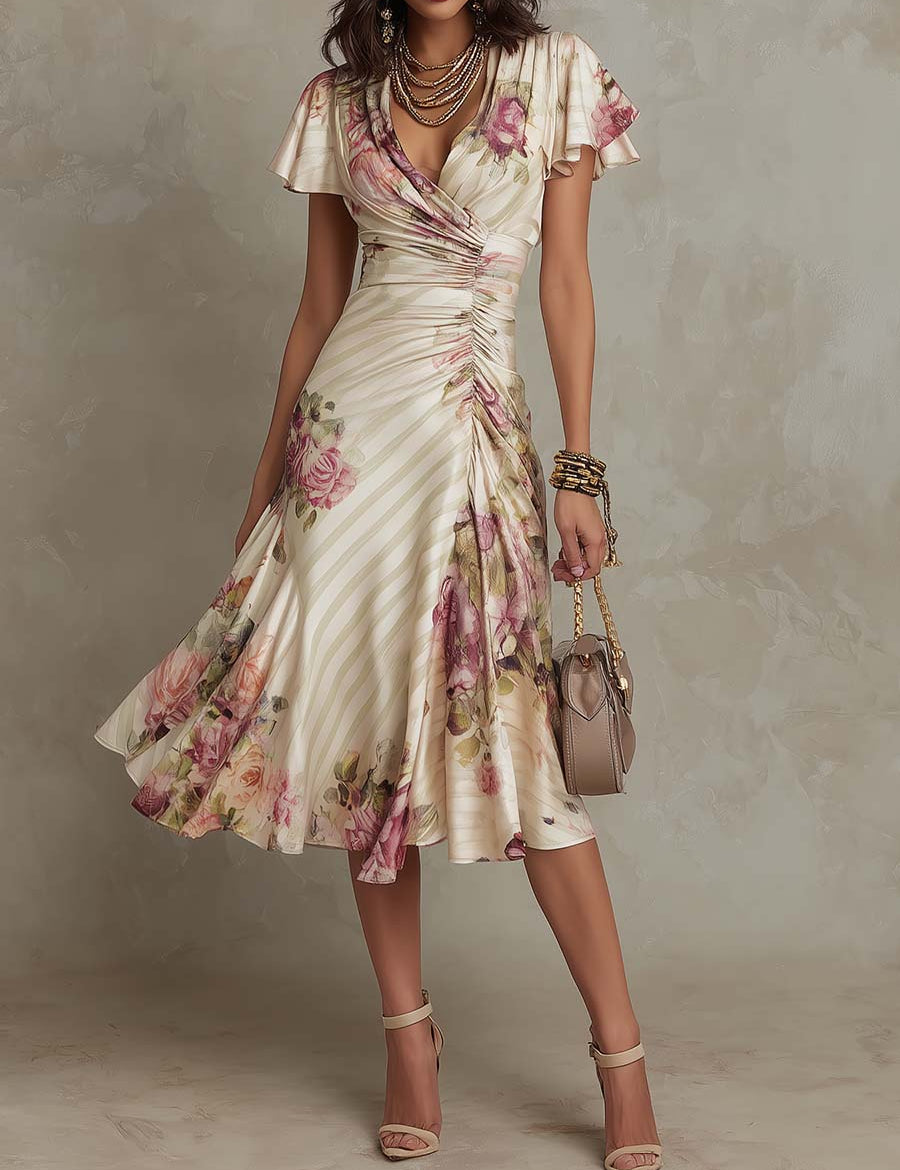 Abito Midi Floreale Vintage in avorio - Alba di Amora Moda