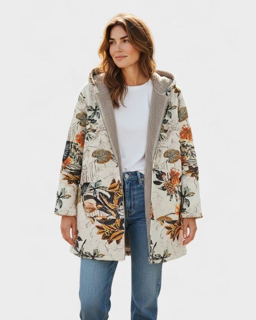 Cappotto Boho-Sherpa con Cappuccio e Motivo Floreale - Elena di Amora Moda
