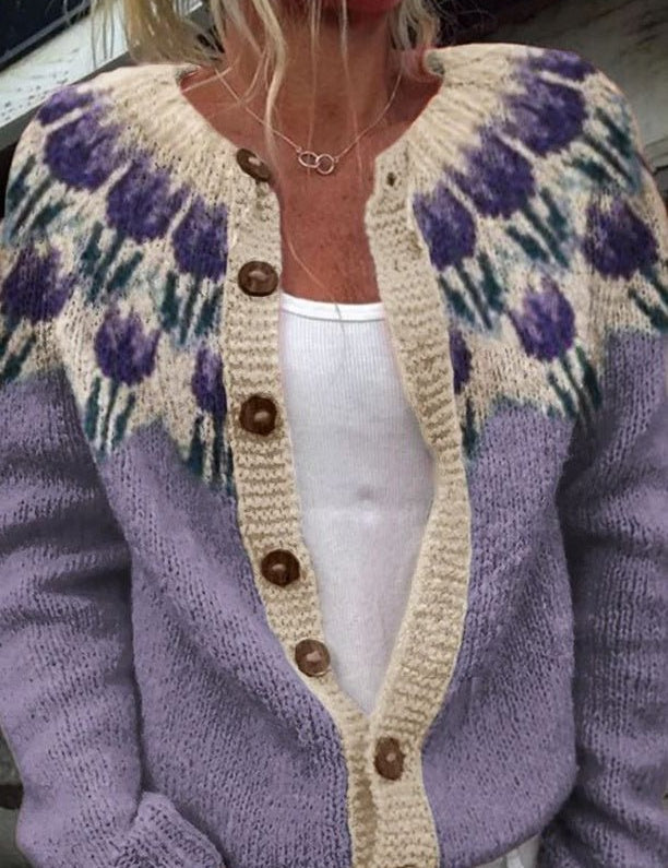 Cardigan con Motivo Floreale sulla Parte Superiore in viola - Gemma di Amora Moda, foto 2