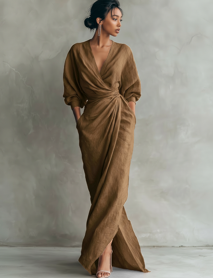Eleonora - Abito Maxi in Lino Rosa con Scollo a V
