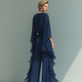 Margherita - Insieme in Chiffon Blu Navy con Maniche a Campana e Volant