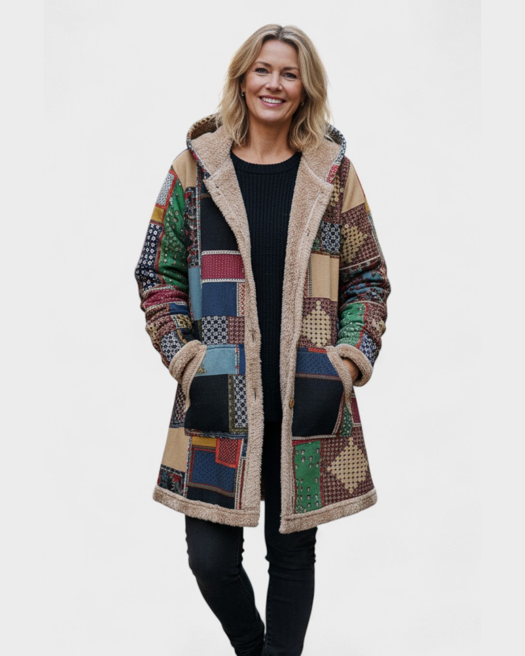 Comoda Felpa Patchwork con Cappuccio in Toni Terrosi - Autunno di Amora Moda, foto 2