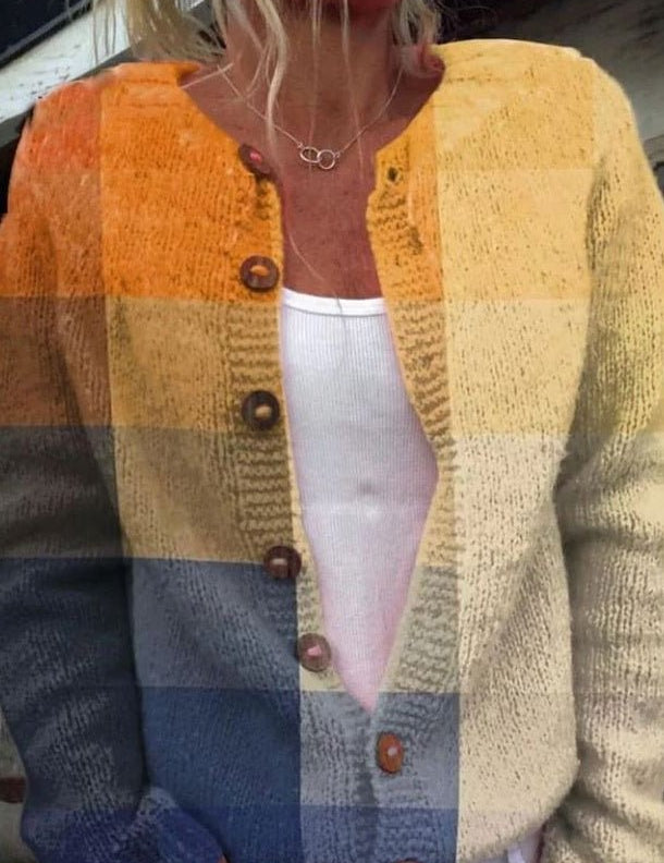 Cardigan con Motivo a Blocchi in Ocra e Blu - Gabriella di Amora Moda