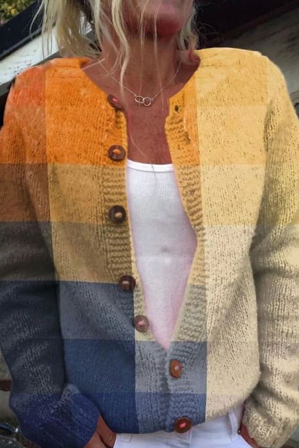 Cardigan con Motivo a Blocchi in Ocra e Blu - Gabriella di Amora Moda