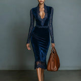 Beatrice - Abito Midi in Velluto Blu Notte con Scollo a V e Pizzo