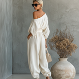 Paola - Insieme Lino Off-Shoulder con Pantalone Tapered