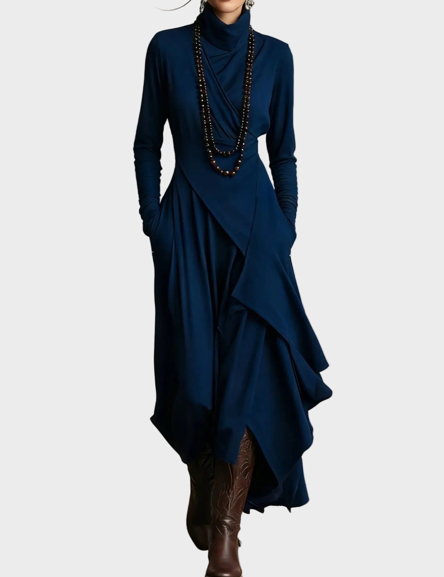 Abito Maxi Asimmetrico in Maglia con Collo Alto - Teresa di Amora Moda, foto 4