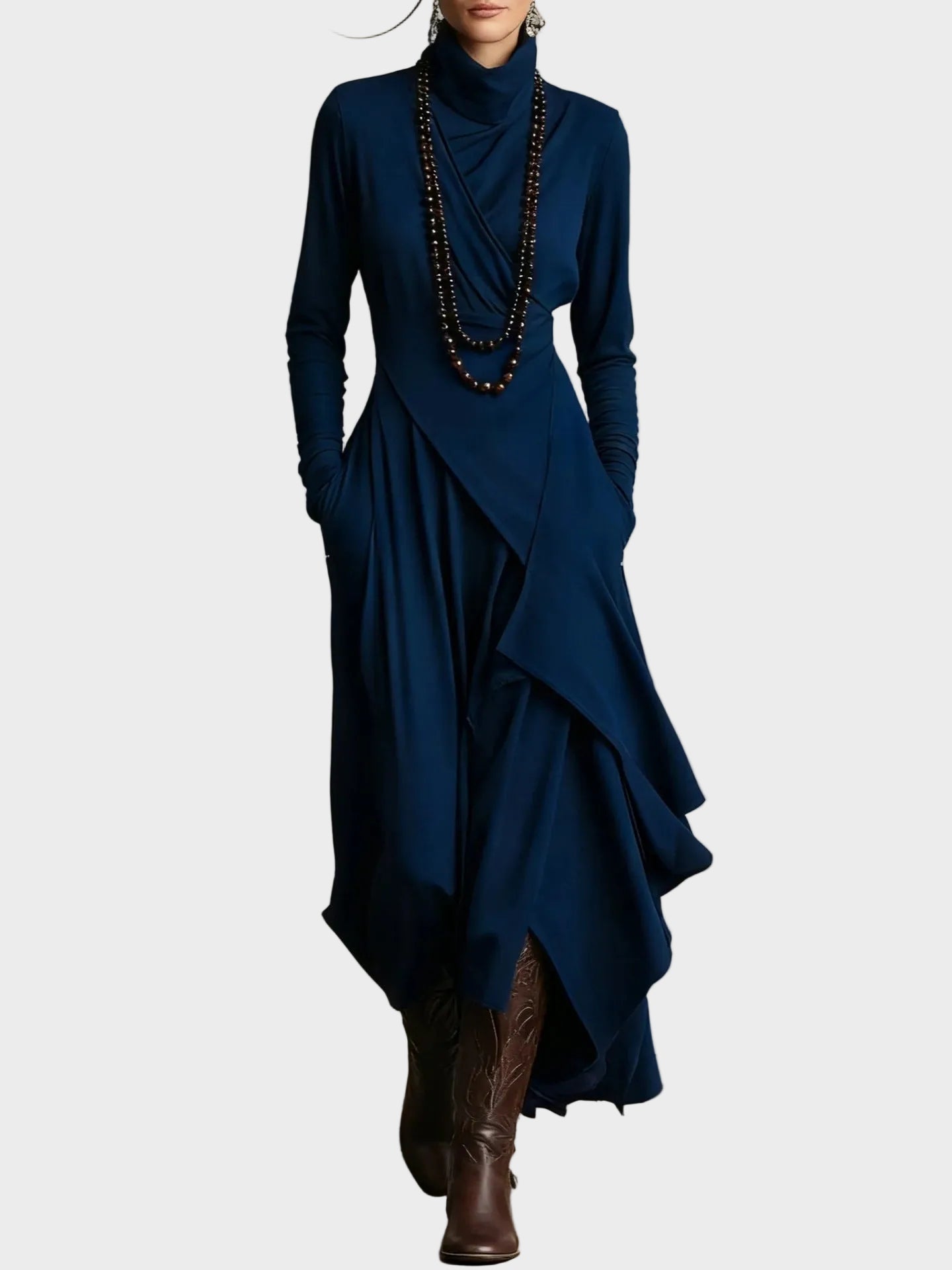Abito Maxi Asimmetrico in Maglia con Collo Alto - Teresa di Amora Moda, foto 4