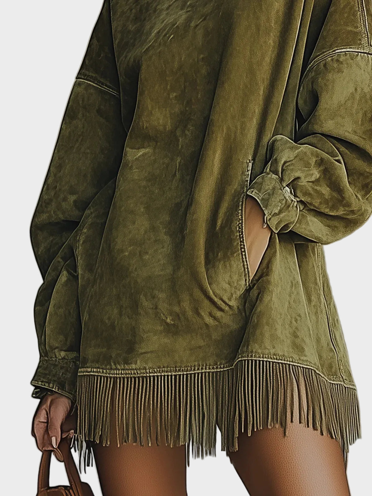 Abito in Scamosciato con Collo Alto e Frange - Fiamma di Amora Moda, foto 5