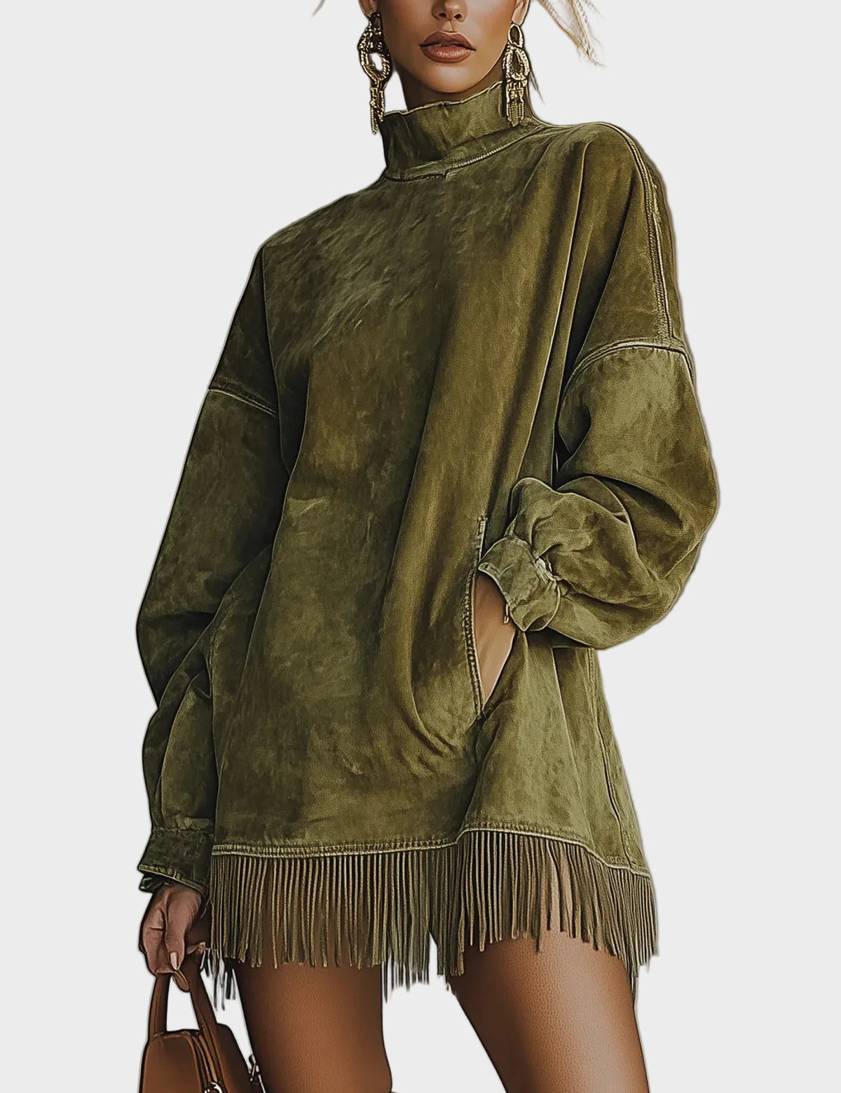 Abito in Scamosciato con Collo Alto e Frange - Fiamma di Amora Moda