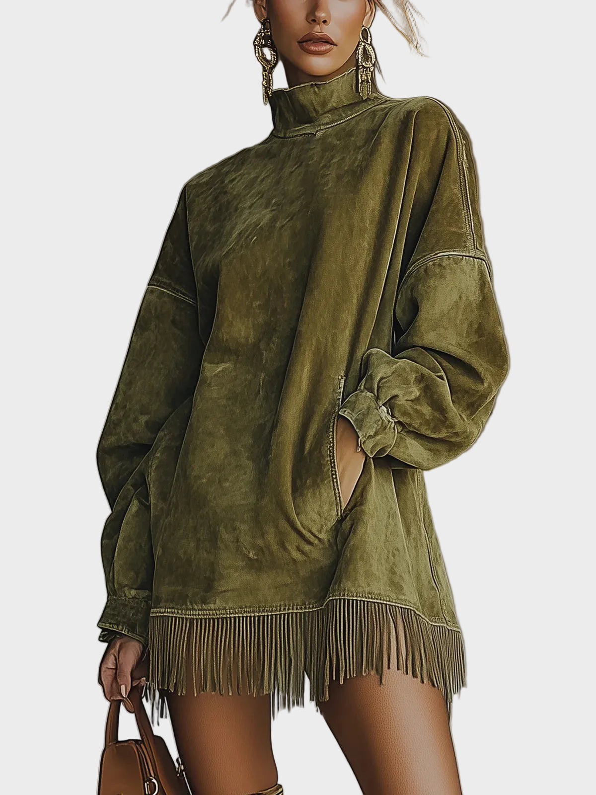 Abito in Scamosciato con Collo Alto e Frange - Fiamma di Amora Moda