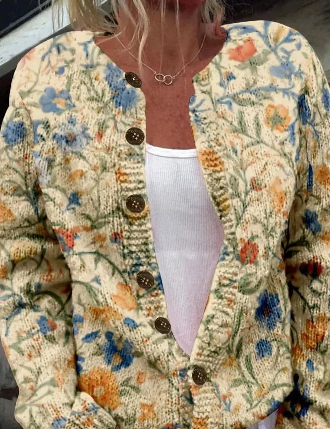 Cardigan Color Crema con Motivo Floreale - Eleonora di Amora Moda