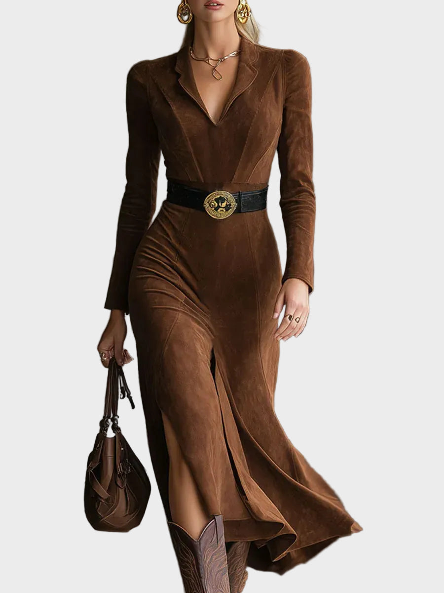 Abito Midi Western in Camoscio Sintetico con Colletto e Spacco - Silvia di Amora Moda