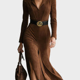Abito Midi Western in Camoscio Sintetico con Colletto e Spacco - Silvia di Amora Moda