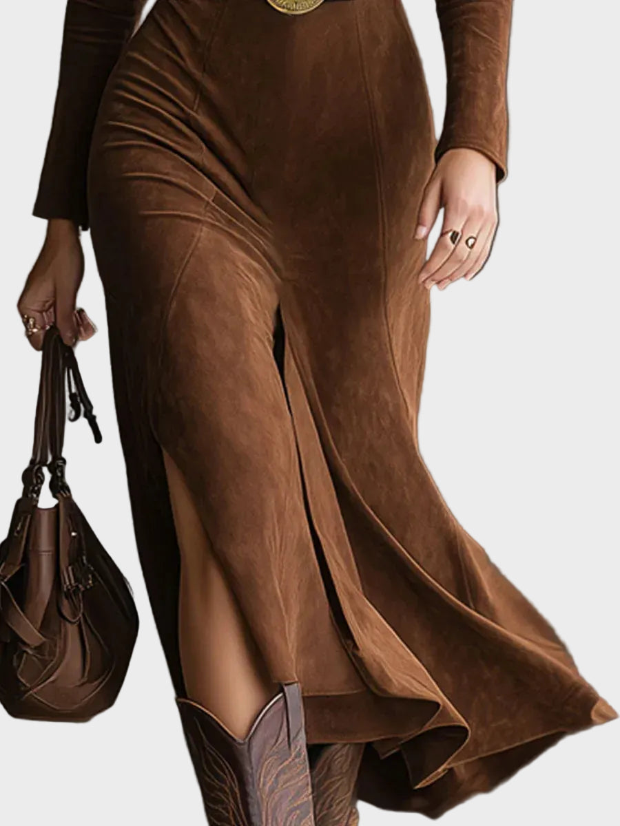 Abito Midi Western in Camoscio Sintetico con Colletto e Spacco - Silvia di Amora Moda, foto 3