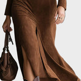 Abito Midi Western in Camoscio Sintetico con Colletto e Spacco - Silvia di Amora Moda, foto 3