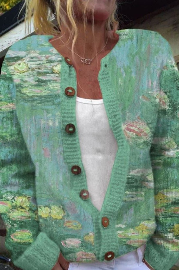 Cardigan Verde con Motivo di Ninfee - Fulvia di Amora Moda