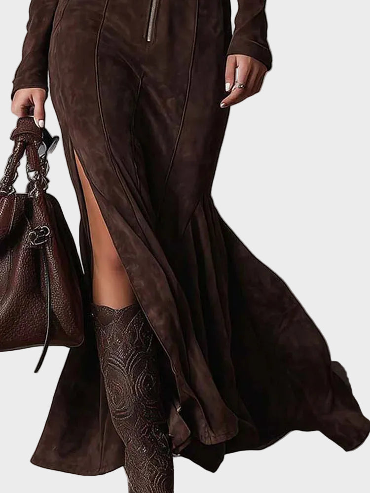 Abito Maxi in Camoscio Marrone con Cintura e Zip - Adriana di Amora Moda, foto 5