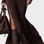 Abito Maxi in Camoscio Marrone con Cintura e Zip - Adriana di Amora Moda, foto 5