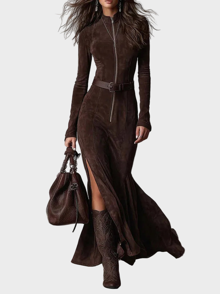 Abito Maxi in Camoscio Marrone con Cintura e Zip - Adriana di Amora Moda