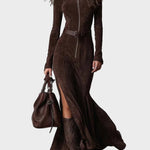 Abito Maxi in Camoscio Marrone con Cintura e Zip - Adriana di Amora Moda