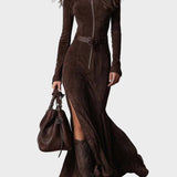 Abito Maxi in Camoscio Marrone con Cintura e Zip - Adriana di Amora Moda