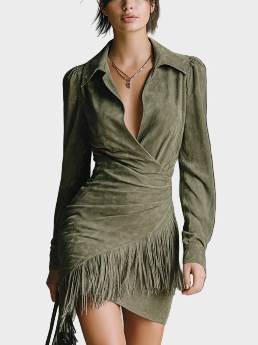Abito Mini Verde in Viscosa con Scollo Incrociato - Viola di Amora Moda, foto 2
