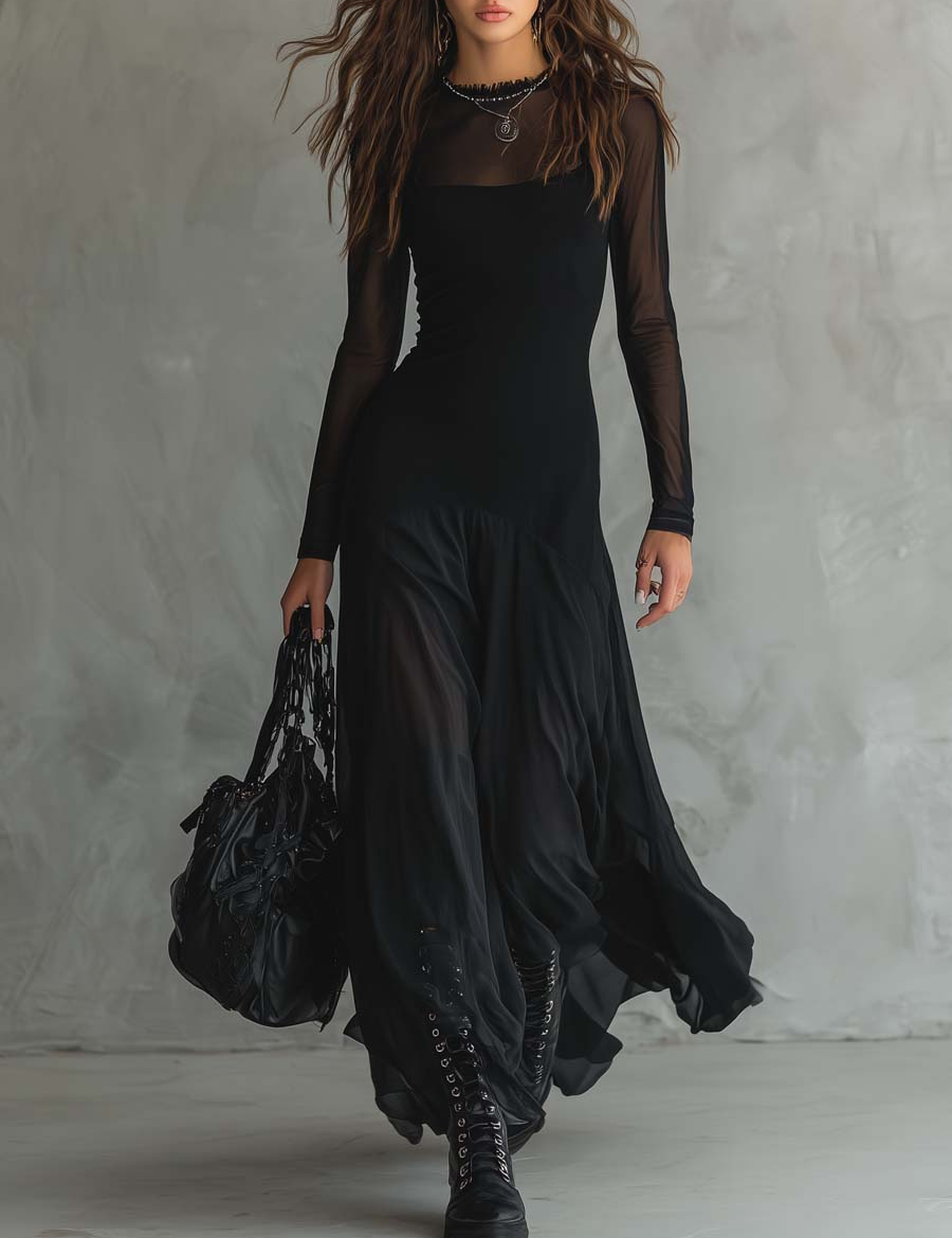Abito Maxi Nero con Scollo Largo - Enrica di Amora Moda