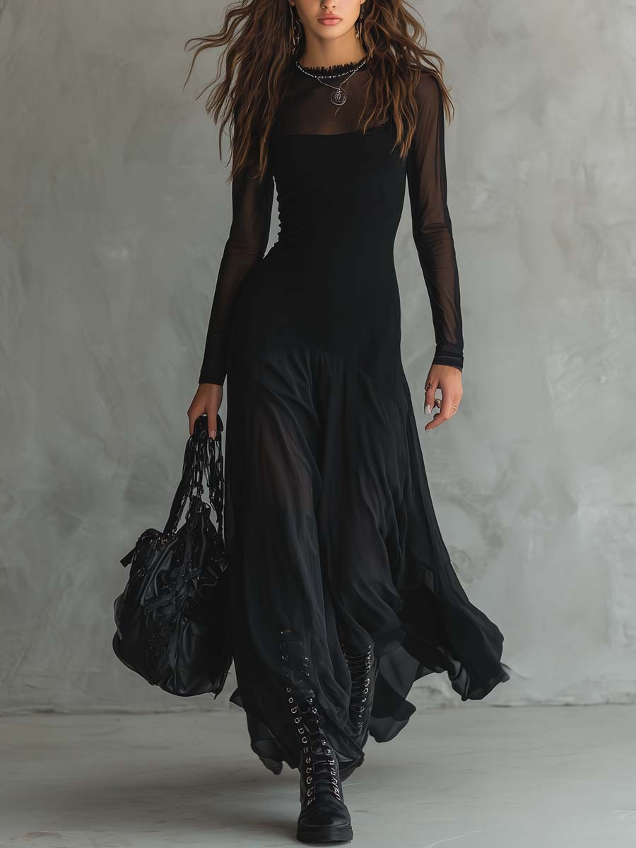 Abito Maxi Nero con Scollo Largo - Enrica di Amora Moda