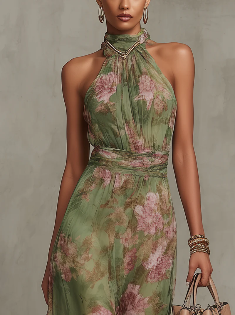 Maxi Abito Floreale Verde con Scollo all'Americana - Serena di Amora Moda, foto 3
