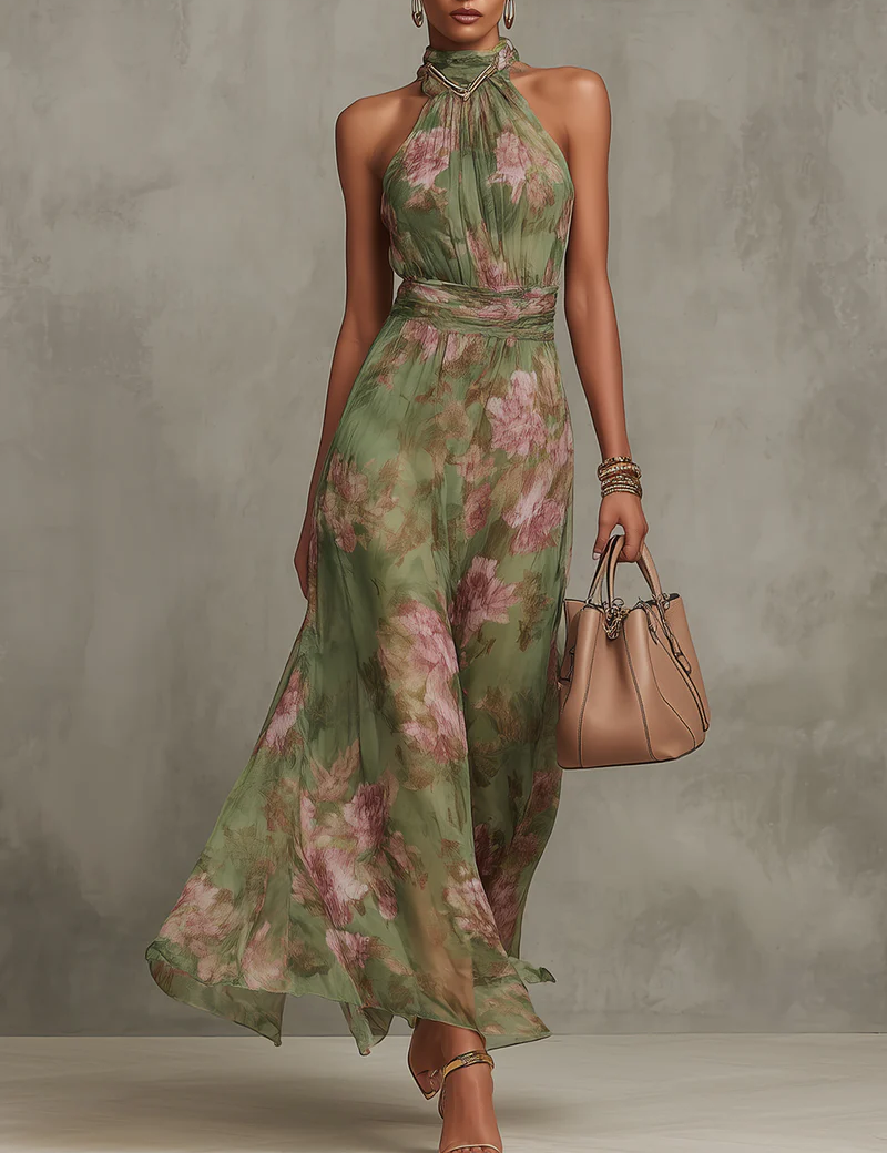 Maxi Abito Floreale Verde con Scollo all'Americana - Serena di Amora Moda