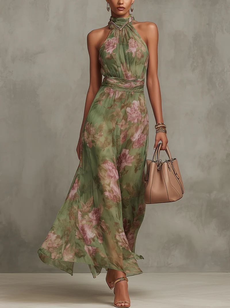 Maxi Abito Floreale Verde con Scollo all'Americana - Serena di Amora Moda