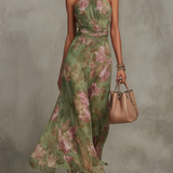 Maxi Abito Floreale Verde con Scollo all'Americana - Serena di Amora Moda