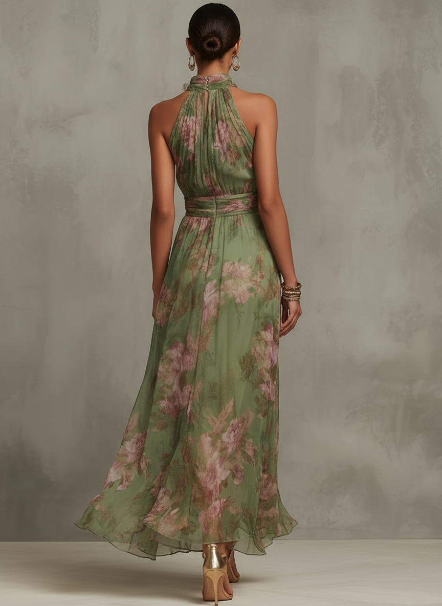 Maxi Abito Floreale Verde con Scollo all'Americana - Serena di Amora Moda, foto 2