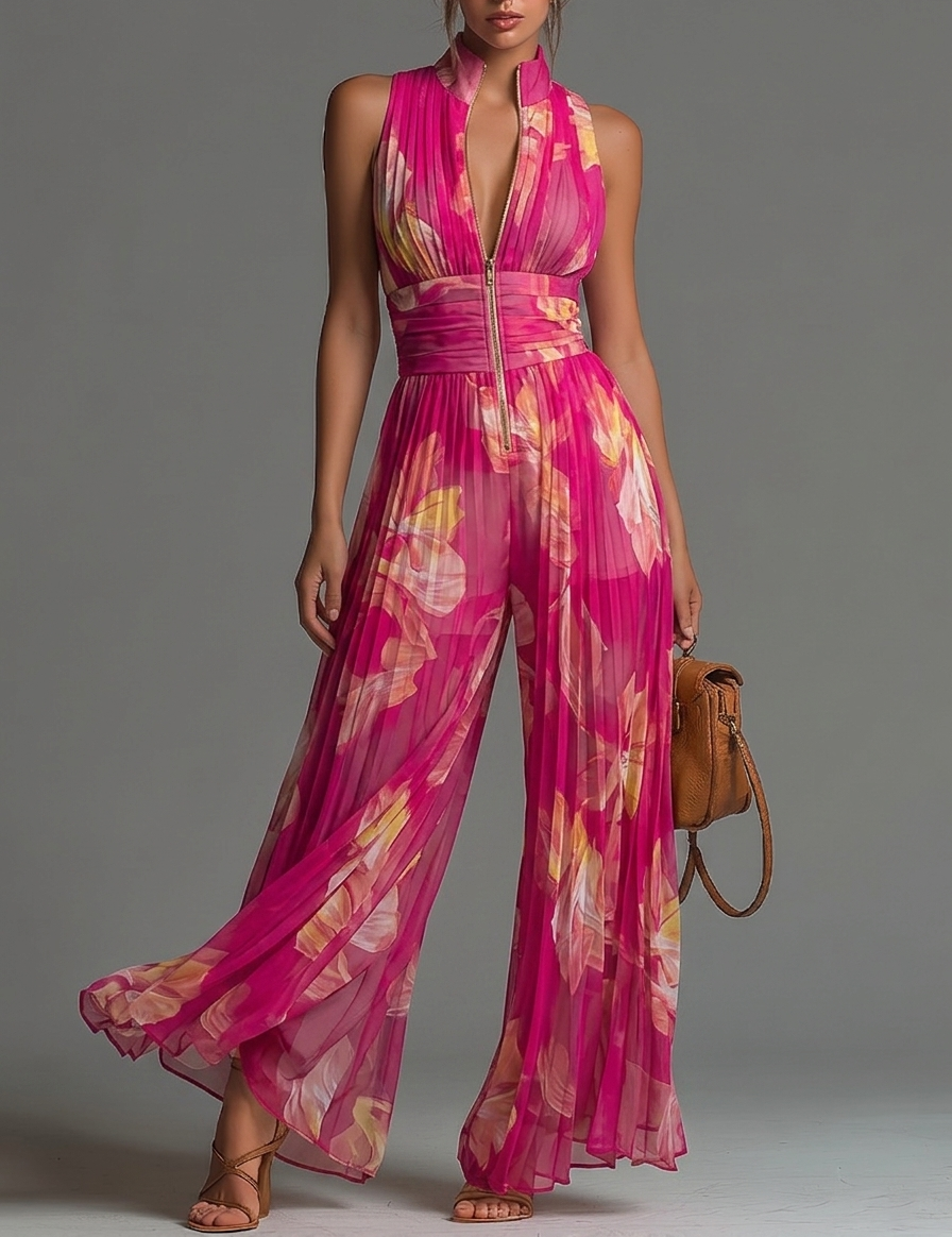 Tuta Intera Plissettata Fucsia a Fiori - Zita di Amora Moda