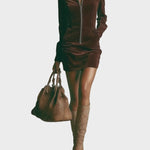 Abito Mini in Camoscio Marrone con Collo Alto e Zip - Miriam di Amora Moda, foto 2