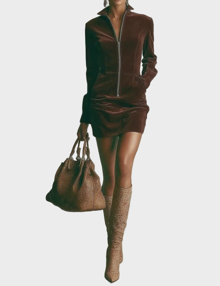 Abito Mini in Camoscio Marrone con Collo Alto e Zip - Miriam di Amora Moda, foto 2