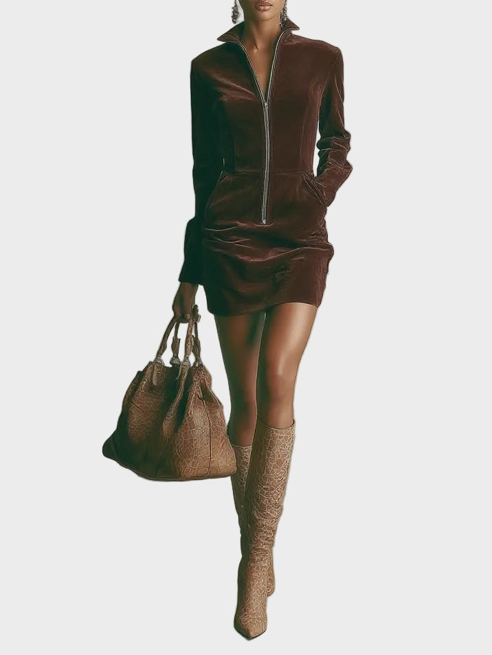 Abito Mini in Camoscio Marrone con Collo Alto e Zip - Miriam di Amora Moda, foto 2
