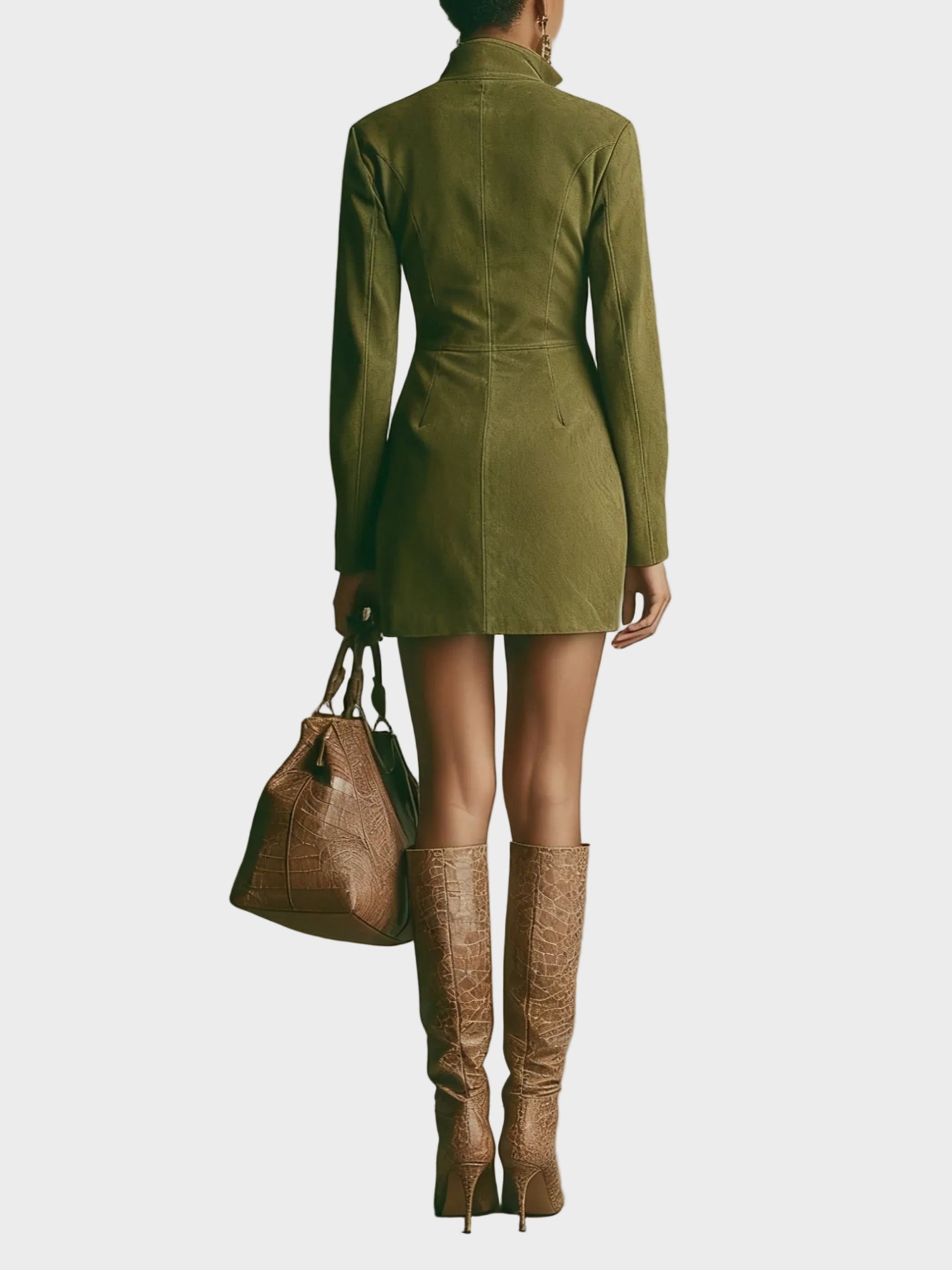 Abito Mini in Camoscio Marrone con Collo Alto e Zip - Miriam di Amora Moda, foto 8