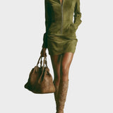 Abito Mini in Camoscio Marrone con Collo Alto e Zip - Miriam di Amora Moda, foto 3