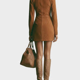 Abito Mini in Camoscio Marrone con Collo Alto e Zip - Miriam di Amora Moda, foto 6